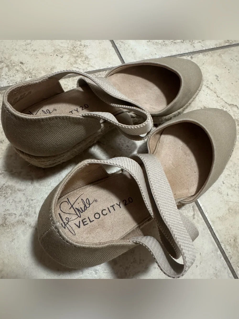 Life Stride Taupe Espadrille Wedge Sandals with Crisscross Elastic Straps